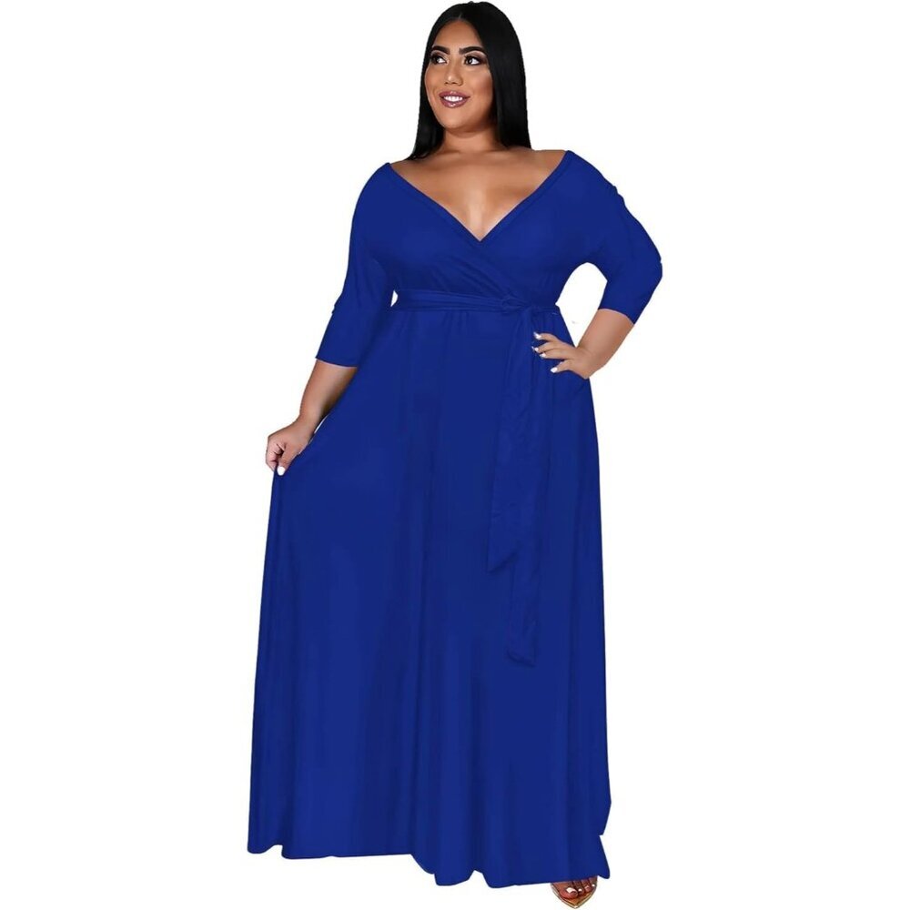Women's  1005-dark Blue Polyester Blend Floral 3/4 Sleeve With Belt Elegant Maxi - Picture 2 of 3